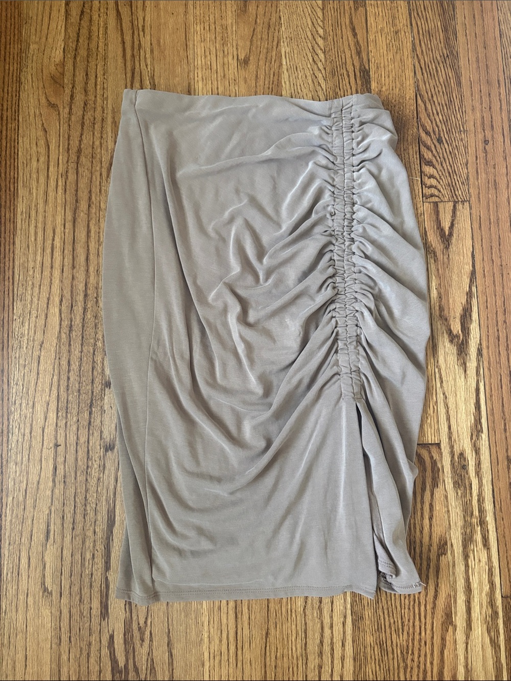 Express Taupe Ruched Midi Pencil Skirt